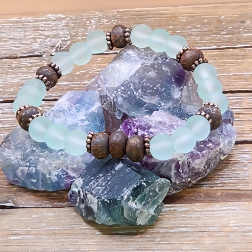 Sage Green Cultured Sea Glass, Toffee Bronzite and Copper Beaded Bracelet